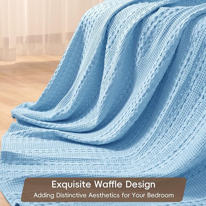 PHF 100% Cotton Waffle Weave Blanket Queen Size, Soft Lightweight Breathable Cozy Summer Blankets for Bed, Luxury Aesthetic Woven Bedding for Home Decor, 90"x90", Sky Blue