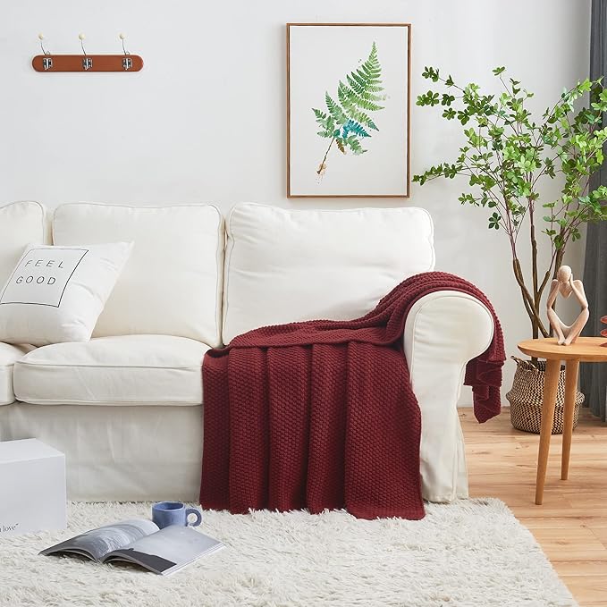 Longhui bedding Wine Red Knitted Throw Blanket for Couch, Cozy Machine Washable 100% Cotton Sofa Knit Blankets, 51 x 63 Inches, Burgundy Color