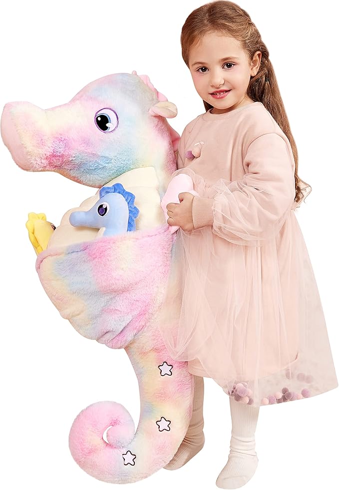 IKASA Giant Seahorse Stuffed Animal Plush Toy,30" Large Sea Horse Cute Jumbo Soft Toys,Huge Big Size Plushy Plushie with Two Babies,Gifts for Kids
