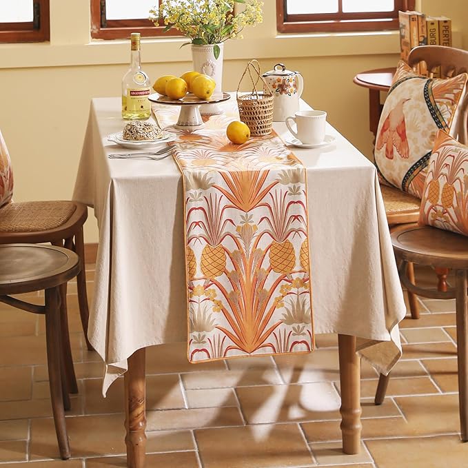 patdrea Designer Tropical Linen Table Runner 102 Inch Long, Yellow Vintage Elegant with Pineapple Pattern Table Mat,Decoration for Kitchen Dining Coffee Table Cover Banquet Christmas , 12"*102"