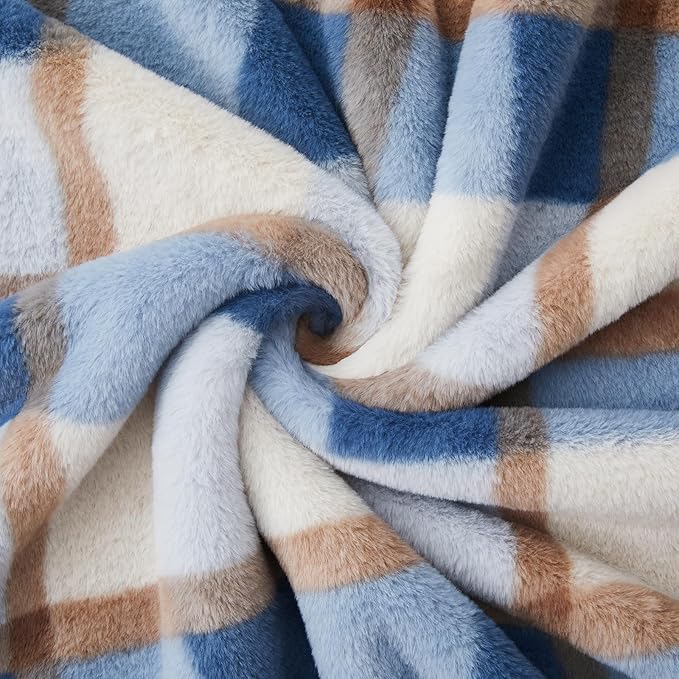 PU MEI Super Soft Faux Rabbit Fur Sherpa Fleece Throw Blanket, Reversible Luxury Cozy Cute Furry Blanket, Plush Warm Shaggy Fluffy Checkered Blankets for Sofa Couch Bed (Blue-Plaid, 80" x 90")
