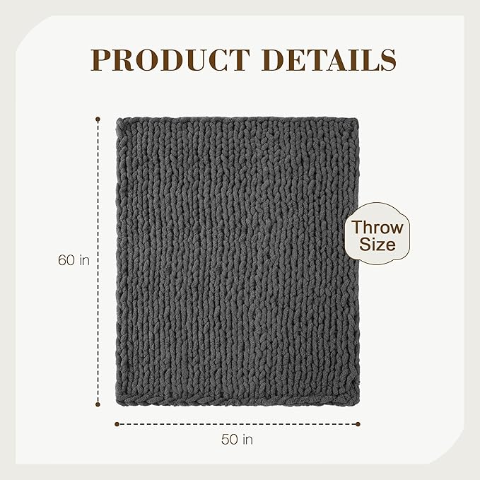 Carriediosa Chunky Knit Throw Blanket 50" X 60", 100% Hand Made Large Chenille Loop Yarn Soft Fluffy Throws for Couch Sofa Bed, Big Crochet Cozy Heavy Thick Cable Woven Blankets, Dark Grey