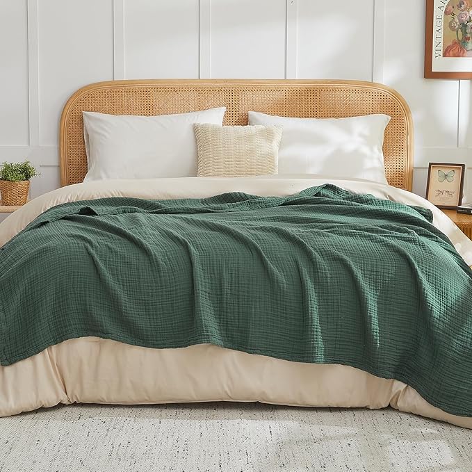 EMME Cotton Muslin Throw Blanket Couch Breathable Gauze Blanket Soft Lightweight Blankets Adults (Forest Green, 50"x60")