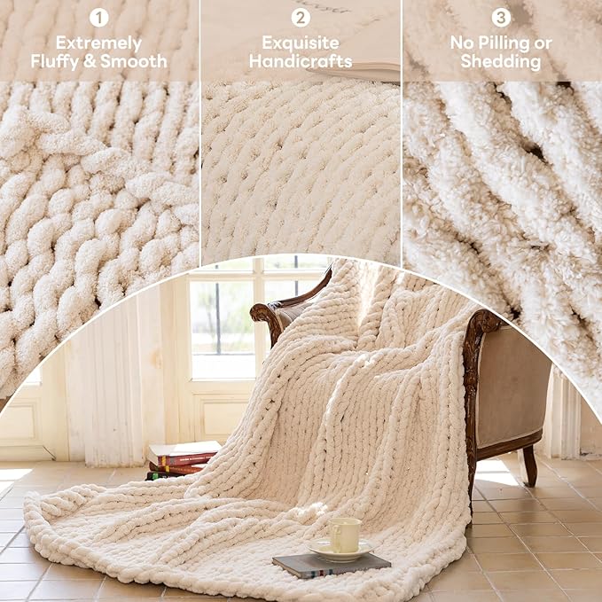 Chunky Knit Blanket - Luxury Soft Cozy King Size(60 * 80) Throw Blanket,100% Woven Blanket Rope Knot Throw Blanket for Couch, Sofa, Home Decor, Gift - Machine Washable(Cream)