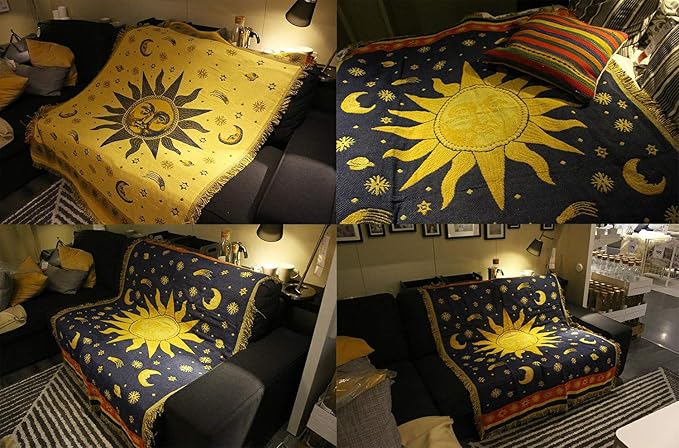 Erke Moon and Sun Throw Blanket Celestial Chair Recliner Cover Bed Spread Hippie Room Decor, Double Sided Cotton Woven Sofa Couch Furniture Aesthetic Witchy Throws - 50" X 70", Yellow/Blue
