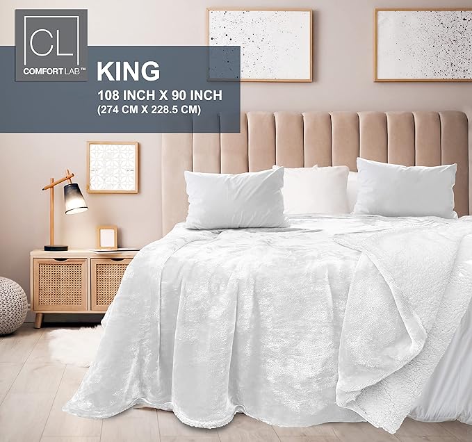 Comfort Lab Reversible Flannel Sherpa Blanket - Elegant Fluffy Bed Blankets for Bedroom and Home Decor - Anti Pilling Non Shedding Cozy & Warm Fleece Cover - King/California King (108" x 90") - White