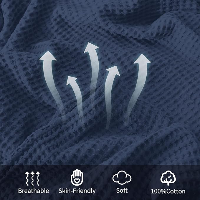 100% Cotton Waffle Blanket, Pre-Washed and Anti-Shrinkage Soft Lightweight Bed & Couch Blanket, 380 GSM Waffle Weave Throw Blanket for All Seasons(Navy Blue - Twin Size - 66" * 90")
