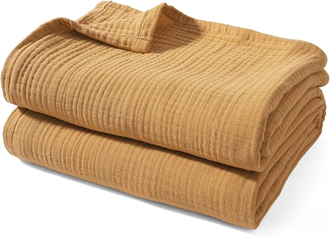 PHF 100% Cotton Muslin Blanket King Size 108" x 90", 4-Layer Lightweight and Breathable Blanket for Summer, Luxuriously Soft Gauze Bedding for Bed, Natural Minimalism Style, Ideal Gift, Honey Yellow