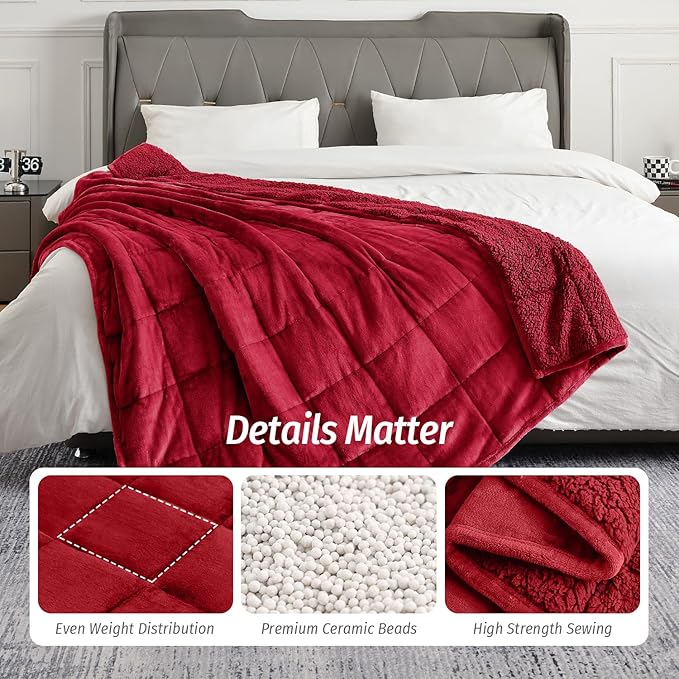 Wemore Sherpa Fleece Weighted Blanket for Adult, 15 lbs Dual Sided Cozy Fluffy Heavy Blanket, Ultra Fuzzy Throw Blanket with Soft Plush Flannel Top, 48 x 72 inches, Burgundy on Both Sides