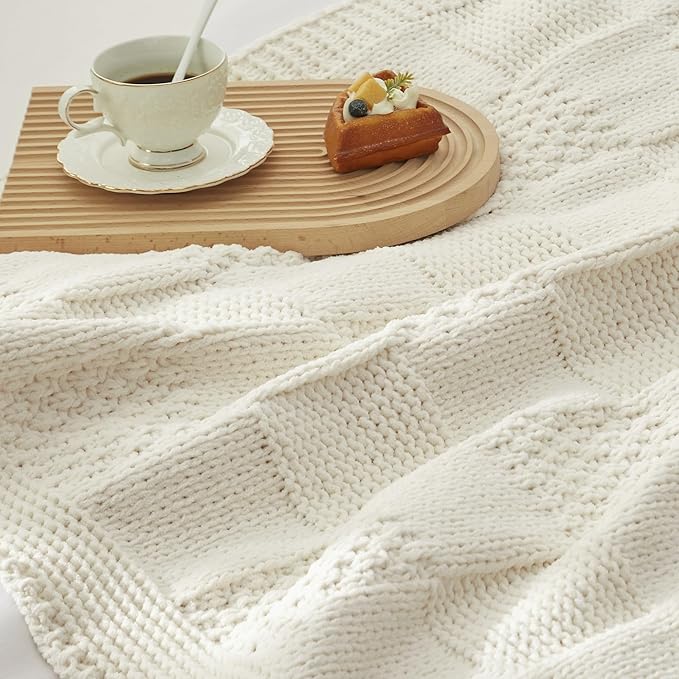Amélie Home Chenille Knit Throw Blanket for Couch, Checkered Texture Decorative Soft Blanket for Sofa, Bed & Living Room, 60"x80", Ivory