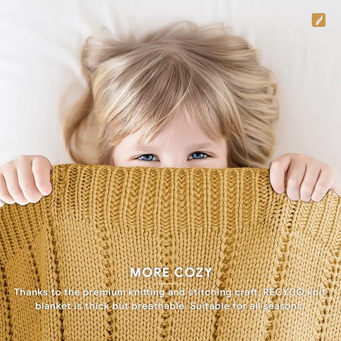 RECYCO Cable Knit Mustard Yellow Throw Blanket Twin Size for Couch, Super Soft Warm Cozy Decorative Knitted Throw Blanket 3.6LB for Bed, Sofa, Chair Large 60"x80"