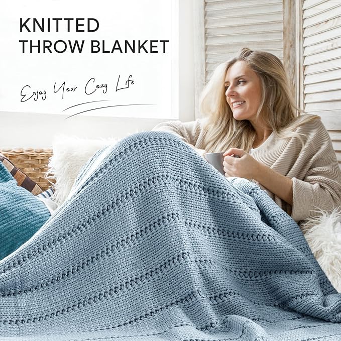 RECYCO Cable Knit Blue Throw Blanket Twin Size for Couch, Super Soft Warm Cozy Decorative Knitted Throw Blanket 3.6LB for Bed, Sofa, Chair Large 60"x80"