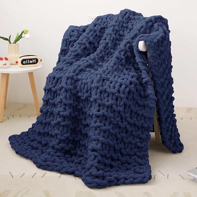 Knit Blanket 40"x50" Navy Blue Cream Soft Washable Chenille Throw Blanket Cozy 100% Handmade Crochet Blankets with Jumbo Chenille Yarn for Couch Bed Sofa Room Decor