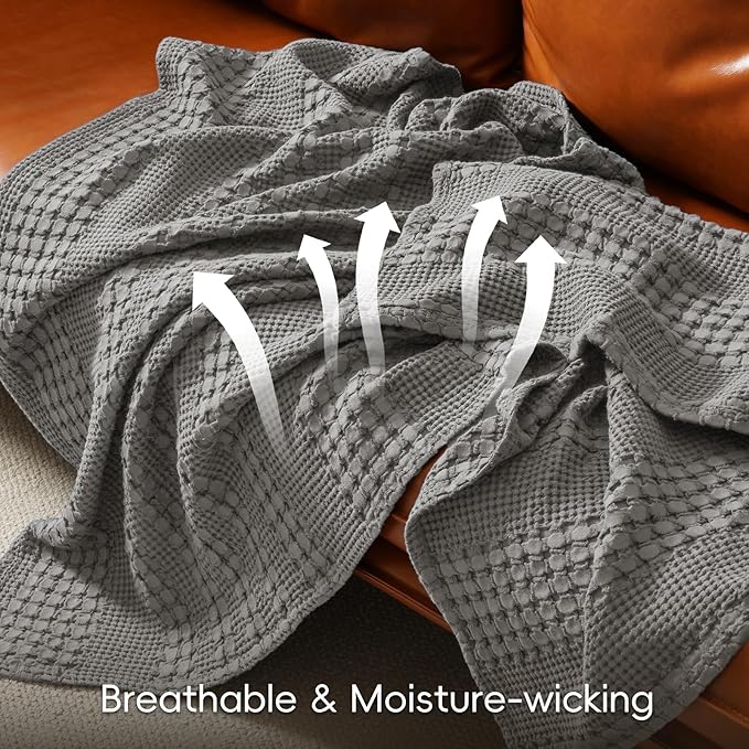PHF 100% Cotton Waffle Weave Blanket Twin Size, Soft Lightweight Breathable Cozy Summer Blankets for Bed, Luxury Aesthetic Woven Bedding for Home Decor, 66"x90", Dark Grey