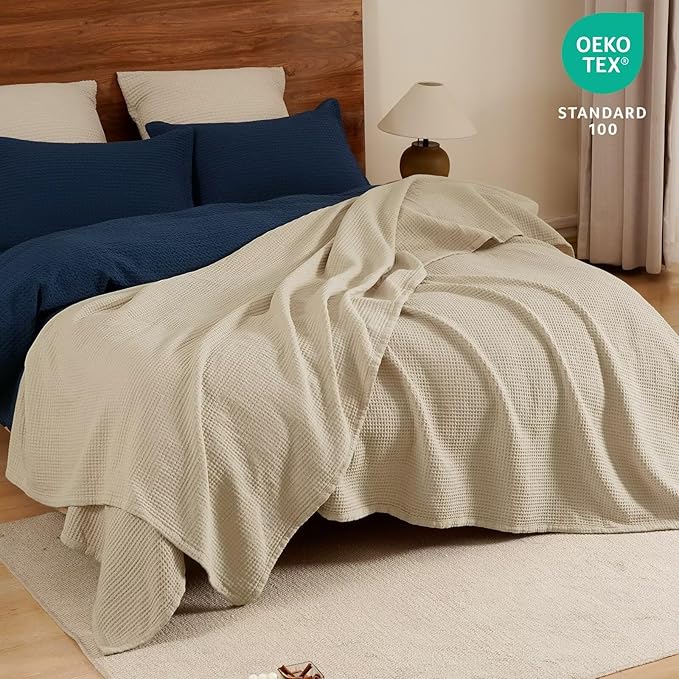 PHF 100% Cotton Waffle Muslin Blanket Twin Size, 66" x 90" Lightweight and Breathable Washed Cotton Blanket, Aesthetic Soft Muslin Waffle Bedding for Sofa Bed Home Decor, Oak