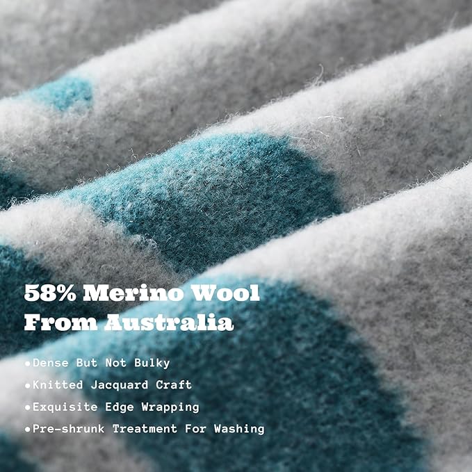 ACUSHLA Merino Wool Blanket - Soft Warm Thick Washable Large Throw Blanket for Camping Bed Couch Outdoor Travel All Weather, Rainforest Blue 79X63