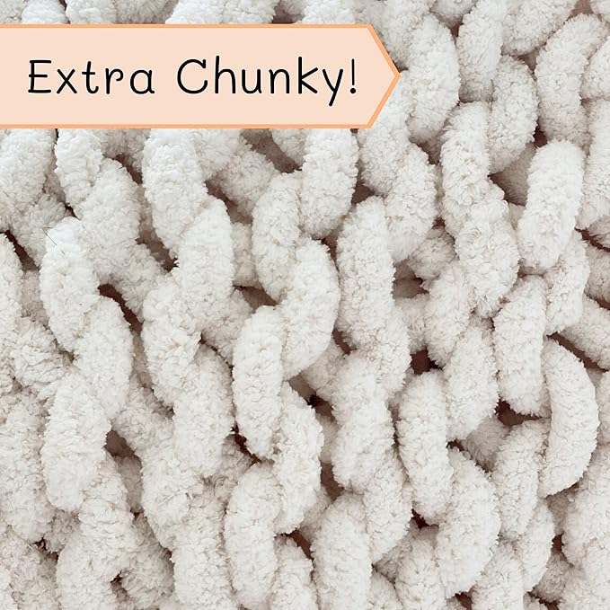 Adyrescia Chunky Knit Blanket Throw | 100% Hand Knit with Jumbo Chenille Yarn (40"x50", Cream White)