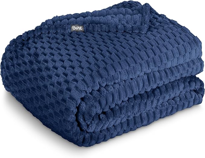 Bare Home Textured Fleece Microplush Blanket - King - Lightweight Throw for Bed, Sofa, Couch, Movie Night, Camping, and Travel - Ultra Soft Warm Blanket (King, Waffle Dark Blue)
