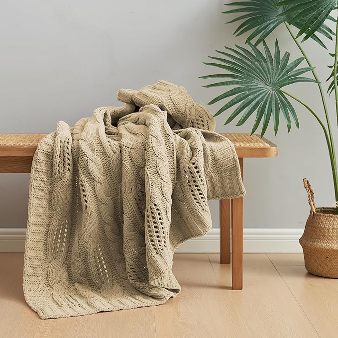 Amélie Home Chunky Knit Chenille Throw Blanket, Breathable Cable Knitted Blanket for Couch, Farmhouse Decorative Throw for Sofa Chair Bed, 60"x80", Beige