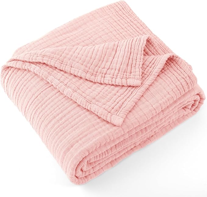 Carriediosa 100% Cotton Muslin Throw Blanket 50" X 70" Throw XL Size,4-Layers Summer Gauze Throws for Bed Couch,Soft Lightweight Breathable Linen Blankets Bedspread for Adults All Season,Dusty Pink