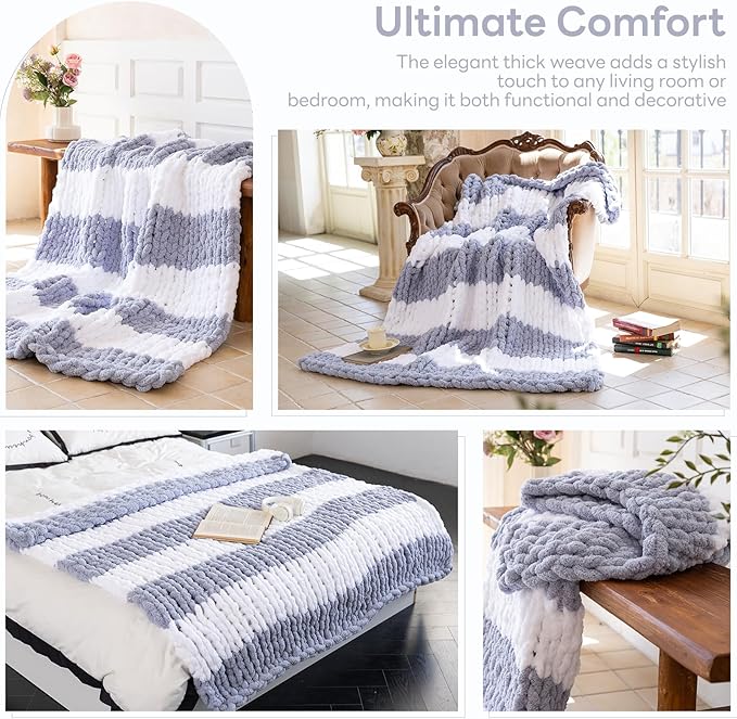 Chunky Knit Blanket - Luxury Soft Cozy King Size(60 * 80) Throw Blanket,100% Woven Blanket Rope Knot Throw Blanket for Couch, Sofa, Home Decor, Gift - Machine Washable(White/Light Gray)