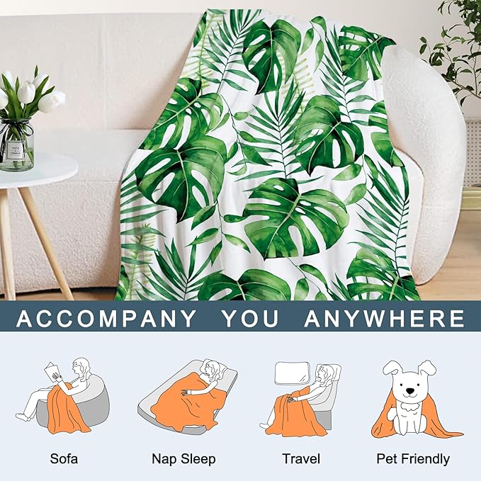 Neatee Living Tropical Leaf Large Throw Blanket Green Plant Blanket for Couch Sofa Bed Soft Cozy Fuzzy Plush Fleece Blankets Spring Summer Home Decoration Colorful Print Gift Blanket 50x70