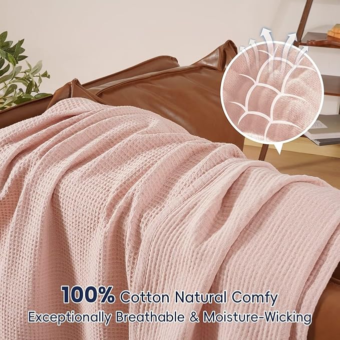 PHF 100% Cotton Waffle Muslin Throw Blanket Large 50" x 70", Lightweight and Breathable Washed Cotton Blanket, Aesthetic Soft Muslin Waffle Bedding for Sofa Bed Home Decor, Rose Smoke