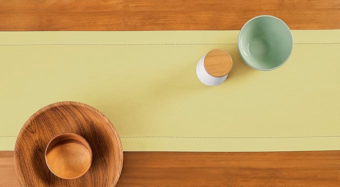 Solino Home Cotton Linen Yellow Table Runner 120 Inches Long - Hemstitch 14 x 120 Inch Table Runner for Summer