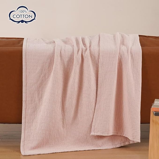 PHF 100% Cotton Waffle Muslin Throw Blanket Large 50" x 70", Lightweight and Breathable Washed Cotton Blanket, Aesthetic Soft Muslin Waffle Bedding for Sofa Bed Home Decor, Rose Smoke