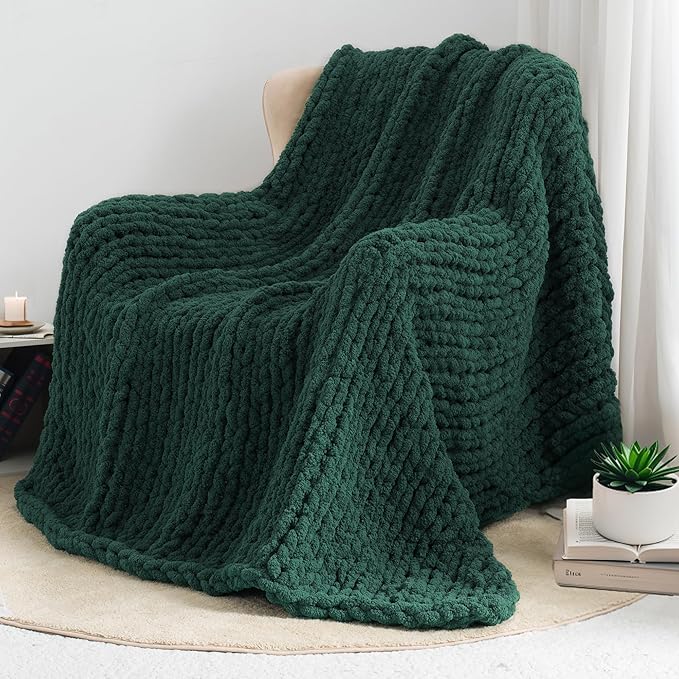 Chunky Knit Throw Blanket 60"X 80", 100% Handmade with Soft Chenille Yarn, 4.4lbs Thick Cable Knitted Blankets, Large Rope Knot Crochet Throws for Couch Sofa Bed Home Decor, Dark Green