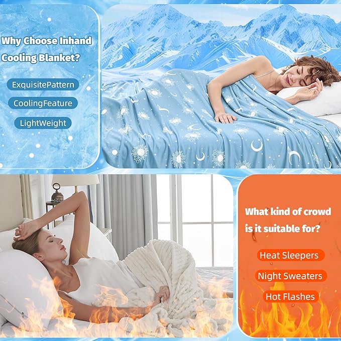 inhand Cooling Throw Blanket (50"x60") - Cooled Blankets for Hot Sleepers Lightweight Breathable Summer Blanket for Sleeping Night Sweats to Keep Cool in The Heat -Light Blue