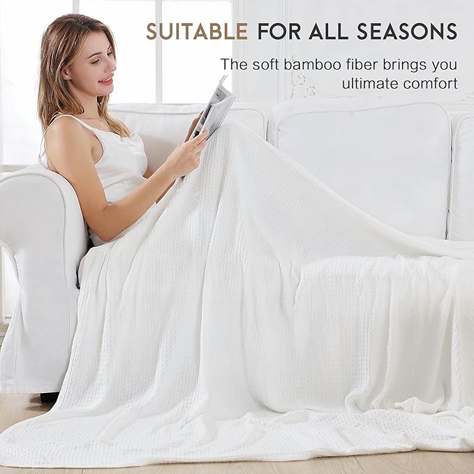 AmyHomie Cooling Blanket Queen Size, 100% Rayon Derived from Bamboo Waffle Blanket, Cool Summer Blanket for Hot Sleepers Soft Comfy Lightweight Blankets for All Seasons(White, 90×90in)