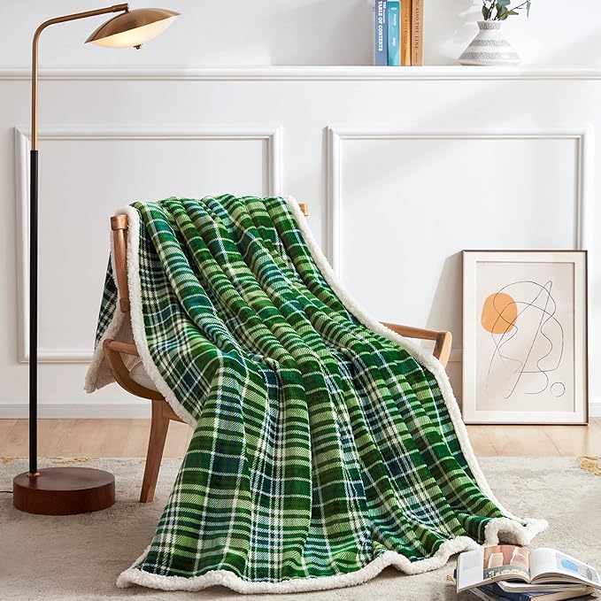 Touchat Sherpa Plaid Throw Blanket(60" X 70", Plaid Green), Fuzzy Fluffy Cozy Soft Blanket, Fleece Flannel Plush Twin Size Microfiber Blanket for Couch Bed Sofa