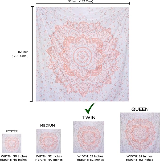 raajsee Glittering Rose Gold Pink Tapestry Wall Hanging Mandala-Bohemian Room Decor-Indian Cotton Throw Hippie Tapestries -Boho Bedding White Golden Queen Bedspread 82x92 inches
