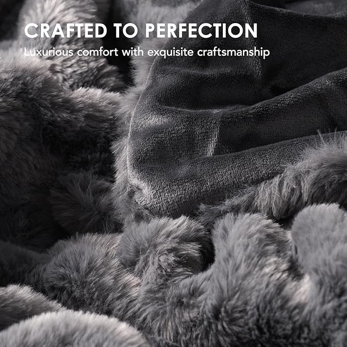 EVERGRACE Luxurious Soft Faux Rabbit Fur Throw Blanket, Cozy Fuzzy Plush Warm Throws for Couch Bed Sofa Chair Decor, Ruched Bubble Fluffy Blanket with Reversible Velvet, 50" x 60", Charcoal Gray