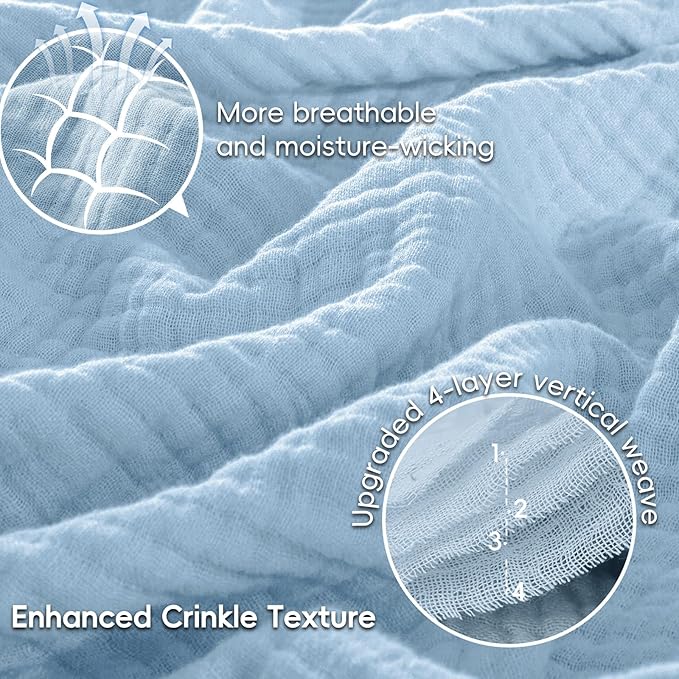 PHF 100% Cotton Muslin Blanket King Size 108" x 90", 4-Layer Lightweight and Breathable Blanket for Summer, Luxuriously Soft Gauze Bedding for Bed, Natural Minimalism Style, Ideal Gift, Sky Blue