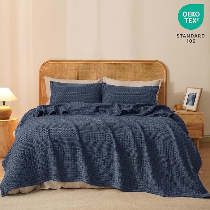 PHF 100% Cotton Waffle Weave Blanket Twin Size, Soft Lightweight Breathable Cozy Summer Blankets for Bed, Luxury Aesthetic Woven Bedding for Home Decor, 66"x90", Dark Navy