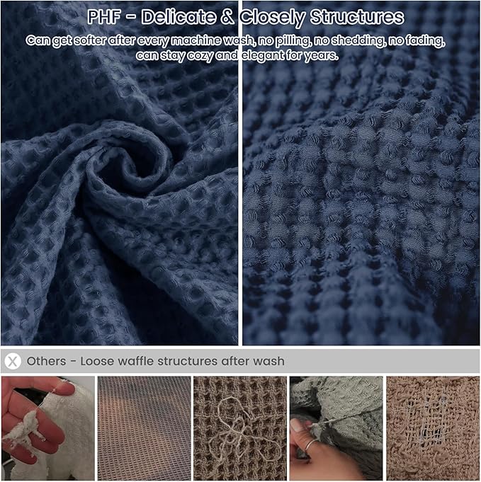 PHF Pre-Washed Cotton Waffle Weave Blanket Throw Size for Bed Couch,Snag Proof Spring Summer Lightweight Breathable,Oeko-TEX Certified,Machine Washable, Home Decor Gift,Dark Navy