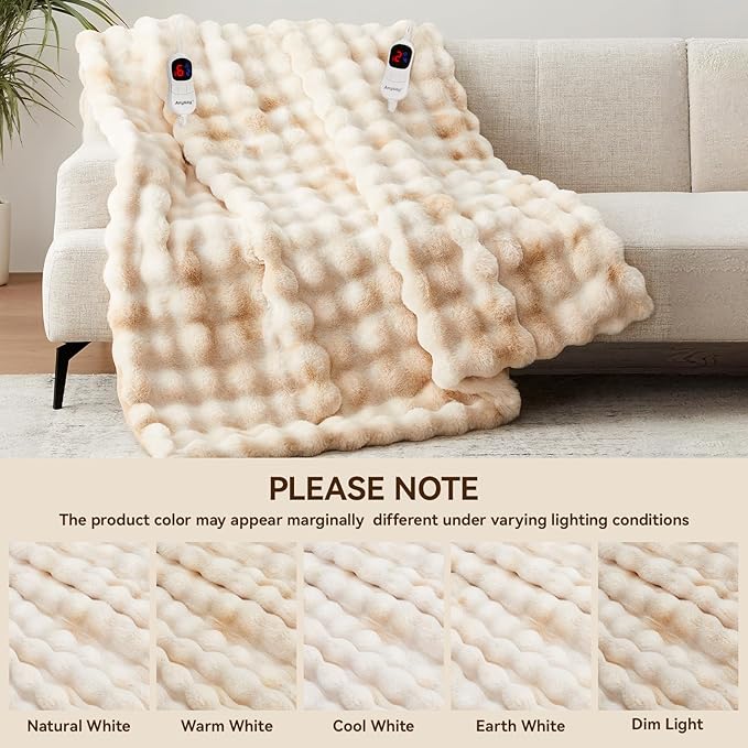 Heated Blanket Throw with 1/2/4/6/8 Hours Auto-Off 10 Heat Level, 90'' * 100'' Cozy Faux Rabbit Fur Bubble Electric Blanket with Overheat Protection(Beige)