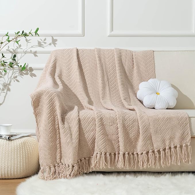 BATTILO HOME Beige Throw Blanket for Couch, Knitted Beige Blanket for Bed, Neutral Throw Blanket Warm Decorative Tan Throw Blankets for Sofa Living Room, 50" x 60"
