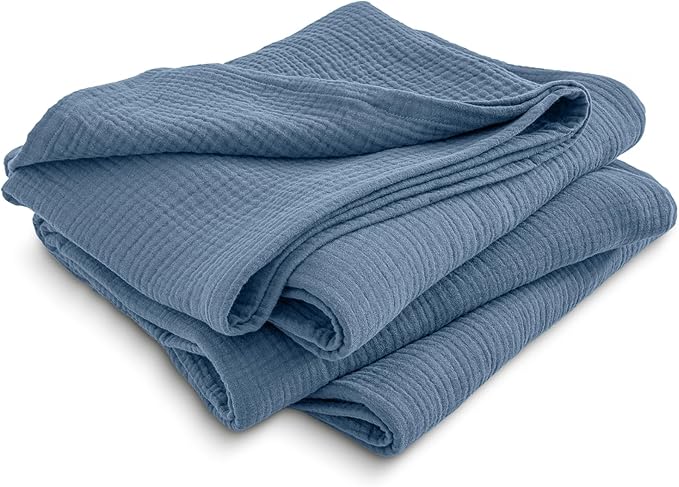 PHF 100% Cotton Muslin Throw Blanket Large 50" x 70", 4-Layer Lightweight and Breathable for Summer, Luxuriously Soft Gauze Throws for Couch, Natural Minimalism Style, Ideal Gift, Captain's Blue