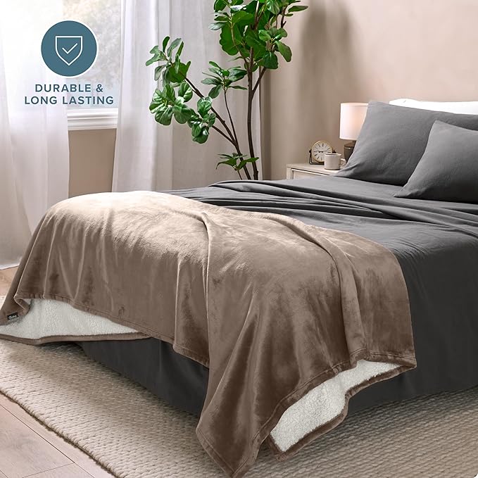 Bare Home Sherpa Fleece Blanket - King Size - Blanket for Bed, Sofa, and Couch - Warm & Lightweight - Fluffy & Soft - Reversible (King, Taupe)