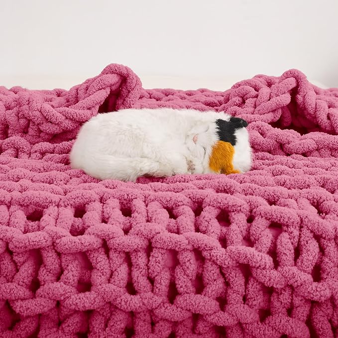 Knit Blanket 50"x60" Rose Cream Soft Washable Chenille Throw Blanket Cozy 100% Handmade Crochet Blankets with Jumbo Chenille Yarn for Couch Bed Sofa Room Decor