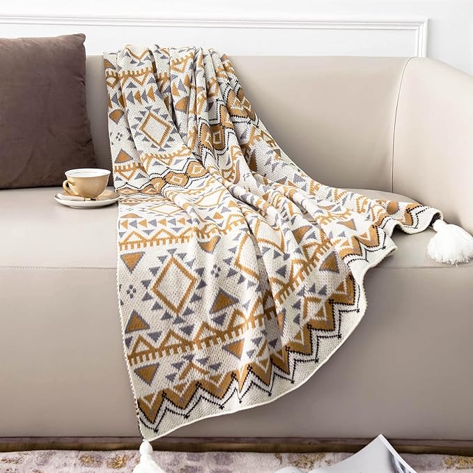 Brown Throw Blankets, Knitted Tassel Vintage Tan Throw Blanket, Soft Lightweight Boho Throw Blanket for Sofa Couch Bed and Living Room- All Seasons (50x85 Inch)