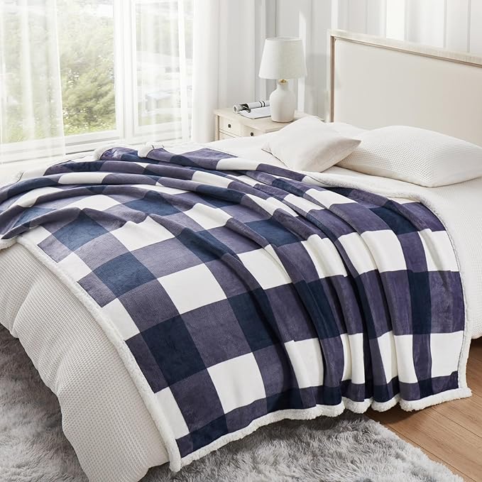 PU MEI Sherpa Blanket Fleece Throw Blanket Full Queen Plaid Thick Bed Blanket, Soft Warm Cozy Blue Checkered Throw Blanket 80"*90"