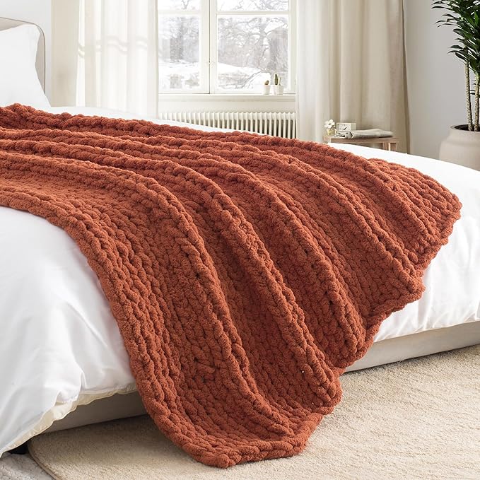 Chunky Knit Throw Blanket 50"X 60", 100% Handmade with Soft Chenille Yarn, 4.4lbs Thick Cable Knitted Blankets, Large Rope Knot Crochet Throws for Couch Sofa Bed Home Decor, Rust