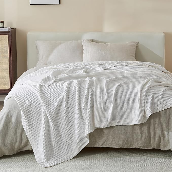 100% Cotton Blanket for King Size Bed - White Waffle Weave Lightweight Summer Bed Blanket - 102x90in Prewashed Breathable, Woven, Layering Blanket (King, White)