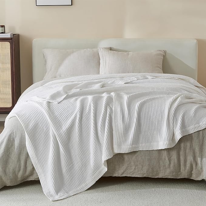100% Cotton Blanket for Full Queen Size Bed - White Waffle Weave Lightweight Summer Bed Blanket - 90x90in Prewashed Breathable, Woven, Layering Blanket (Full/Queen, White)