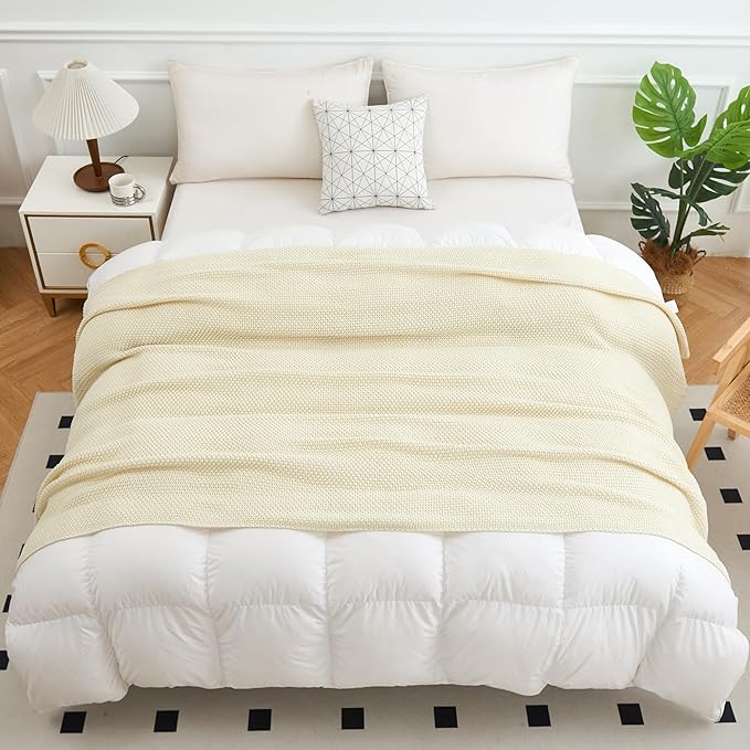Aganear Knit Throw Blanket for All Seasons, Soft Comfy Lightweight Cable Knitted Throw for Living Room, Bed, Office, Travel, Boho Room Decor (50"x60", Beige)