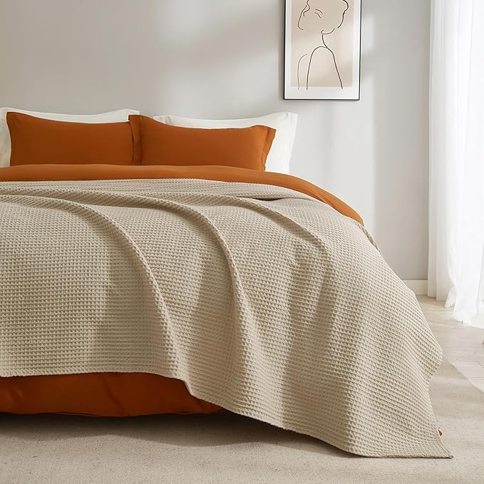 PHF Pre-Washed Cotton Waffle Weave Blanket King Size for Bed,Snag Proof Throw for Couch Spring Summer Lightweight Breathable,Oeko-TEX Certified,Machine Washable, Home Decor Gift-Khaki/Simply Taupe